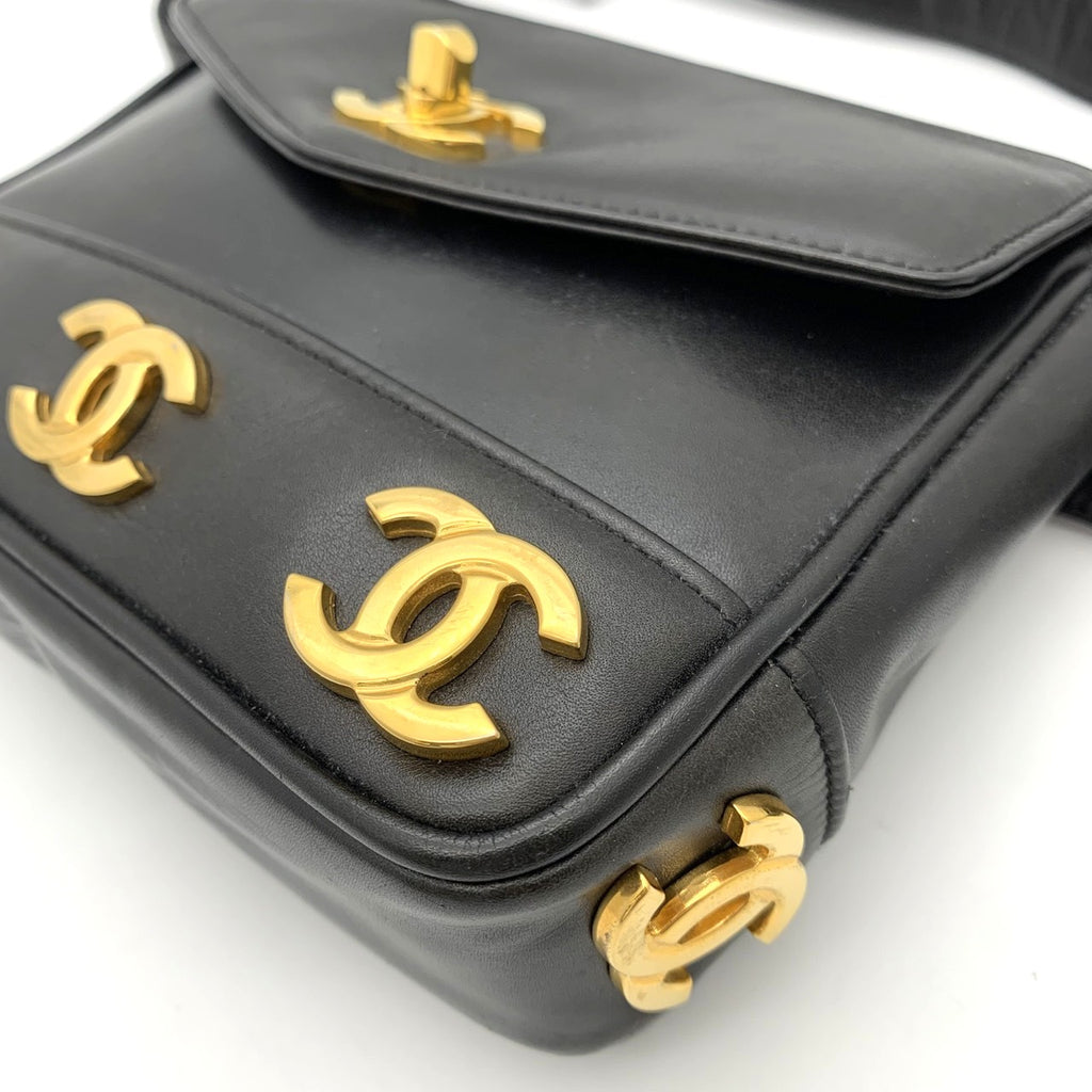 CHANEL Triple Coco Mark Leather Waist Bag, Black, Women's