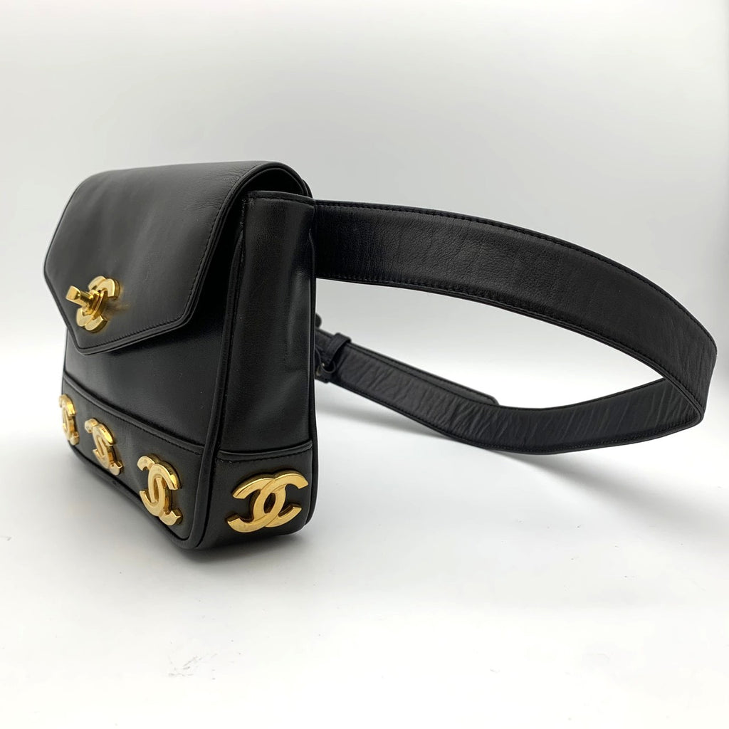CHANEL Triple Coco Mark Leather Waist Bag, Black, Women's