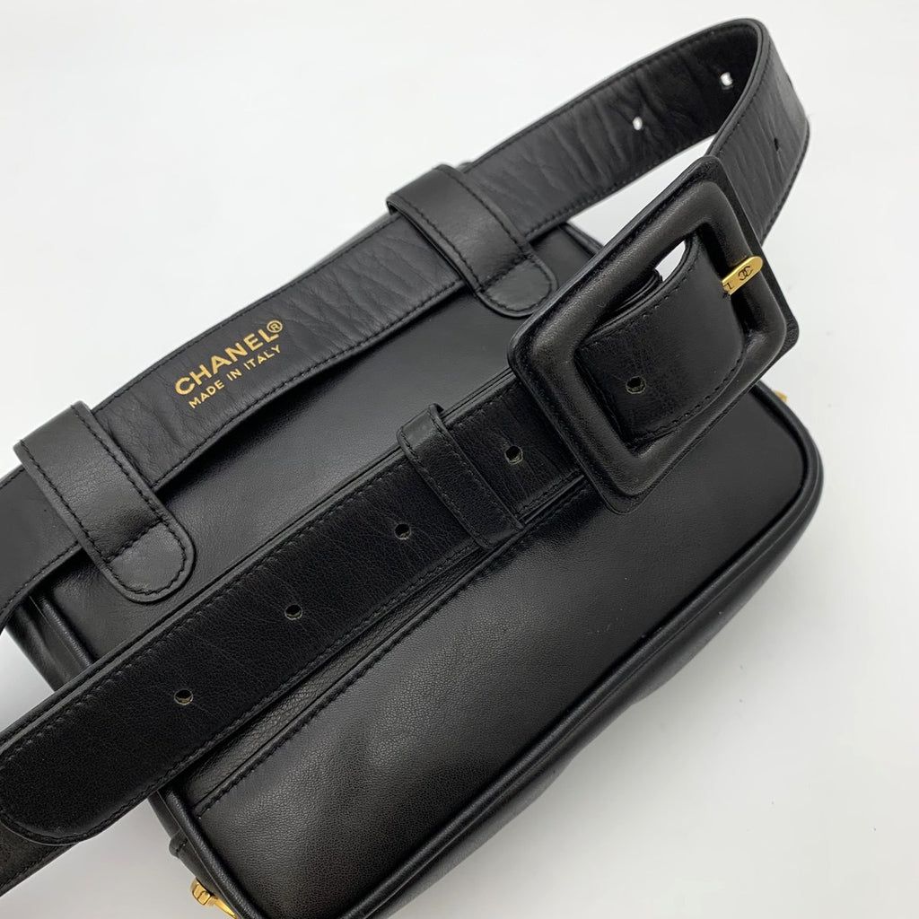 CHANEL Triple Coco Mark Leather Waist Bag, Black, Women's