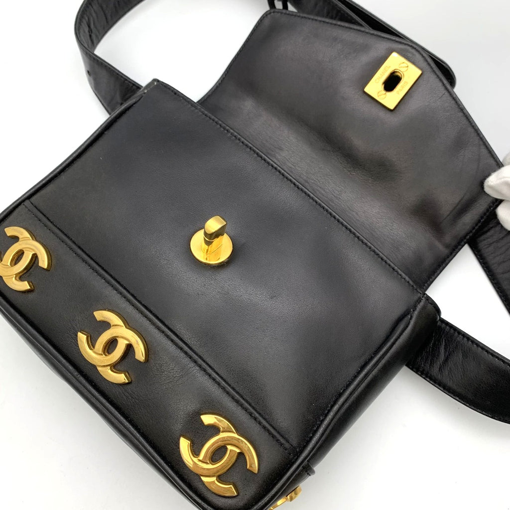 CHANEL Triple Coco Mark Leather Waist Bag, Black, Women's