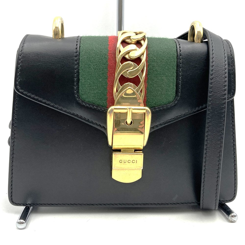 GUCCI 470270 シルヴィ ショルダーバッグ、シェリーラインチェーン、レザー、ブラック、レディース【中古品】