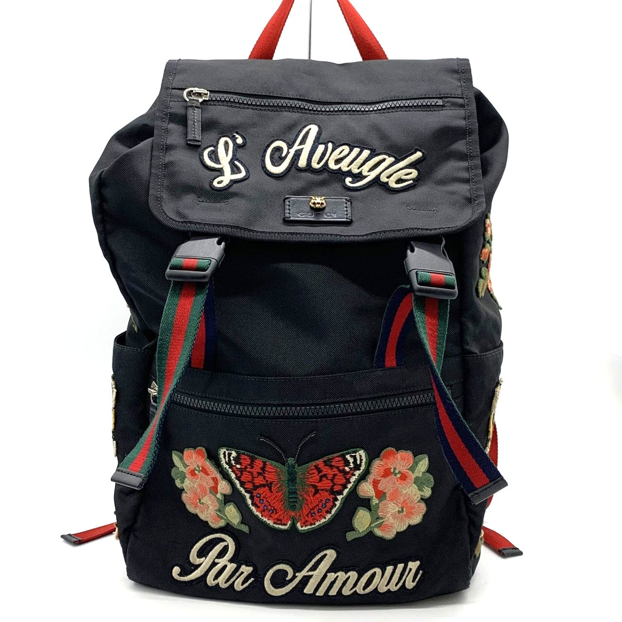 GUCCI 450982 Backpack/Daypack Embroidered Cat Head Patch Tiger Butterfly Flower Nylon Black Women's and Men's