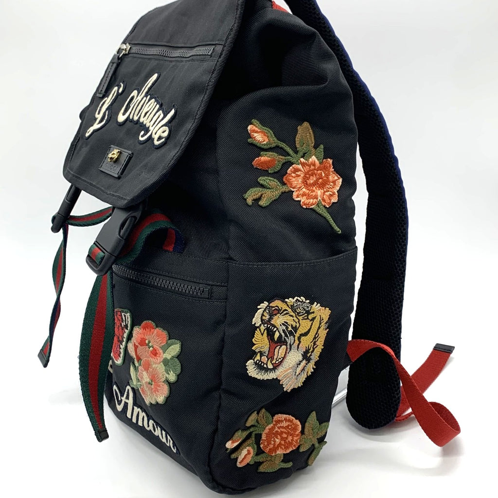 GUCCI 450982 Backpack/Daypack Embroidered Cat Head Patch Tiger Butterfly Flower Nylon Black Women's and Men's