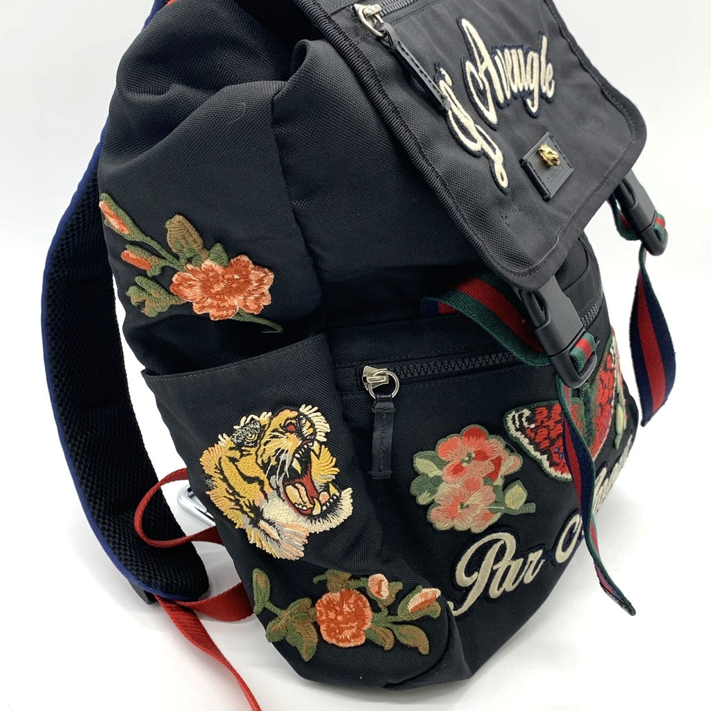GUCCI 450982 Backpack/Daypack Embroidered Cat Head Patch Tiger Butterfly Flower Nylon Black Women's and Men's