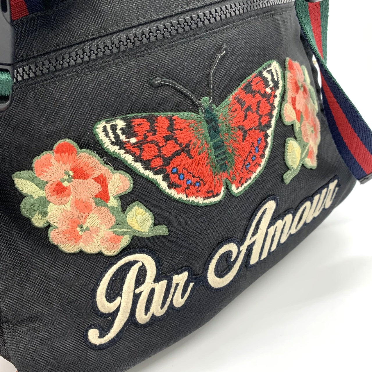 GUCCI 450982 Backpack/Daypack Embroidered Cat Head Patch Tiger Butterfly Flower Nylon Black Women's and Men's