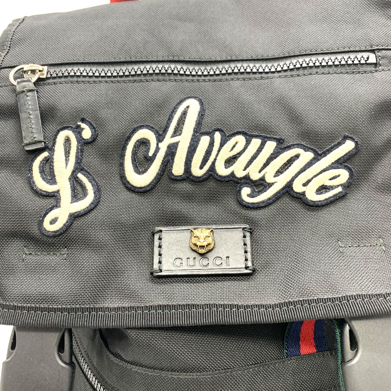 GUCCI 450982 Backpack/Daypack Embroidered Cat Head Patch Tiger Butterfly Flower Nylon Black Women's and Men's