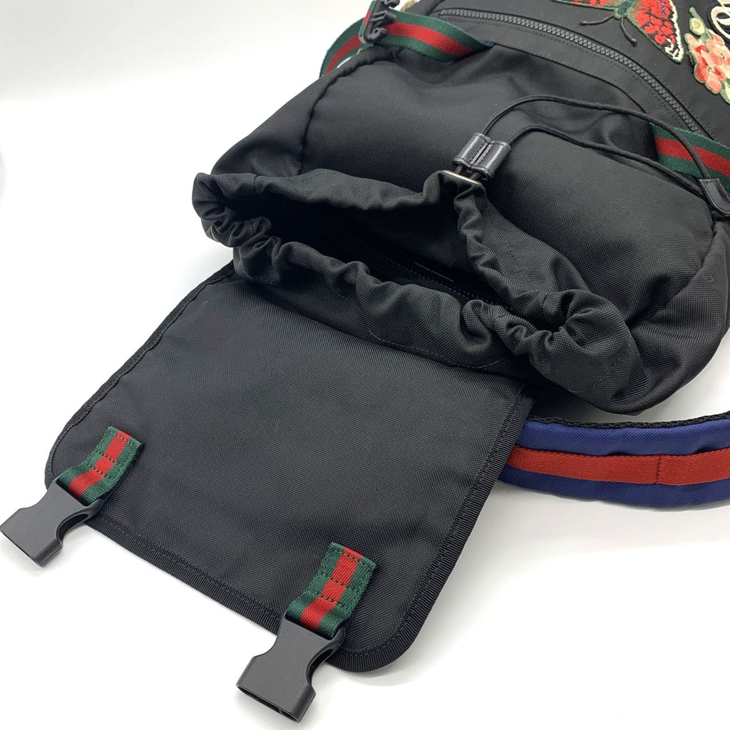 GUCCI 450982 Backpack/Daypack Embroidered Cat Head Patch Tiger Butterfly Flower Nylon Black Women's and Men's