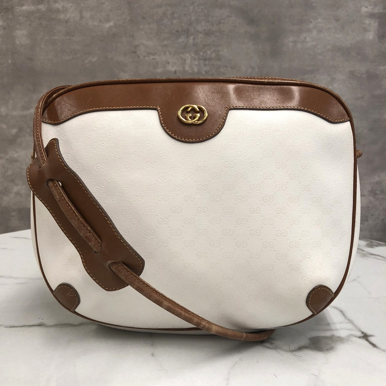 GUCCI Old Gucci 0001 104 0558 Shoulder Bag White Brown Micro GG PVC x Leather Brand Women's (Slightly Imperfect)
