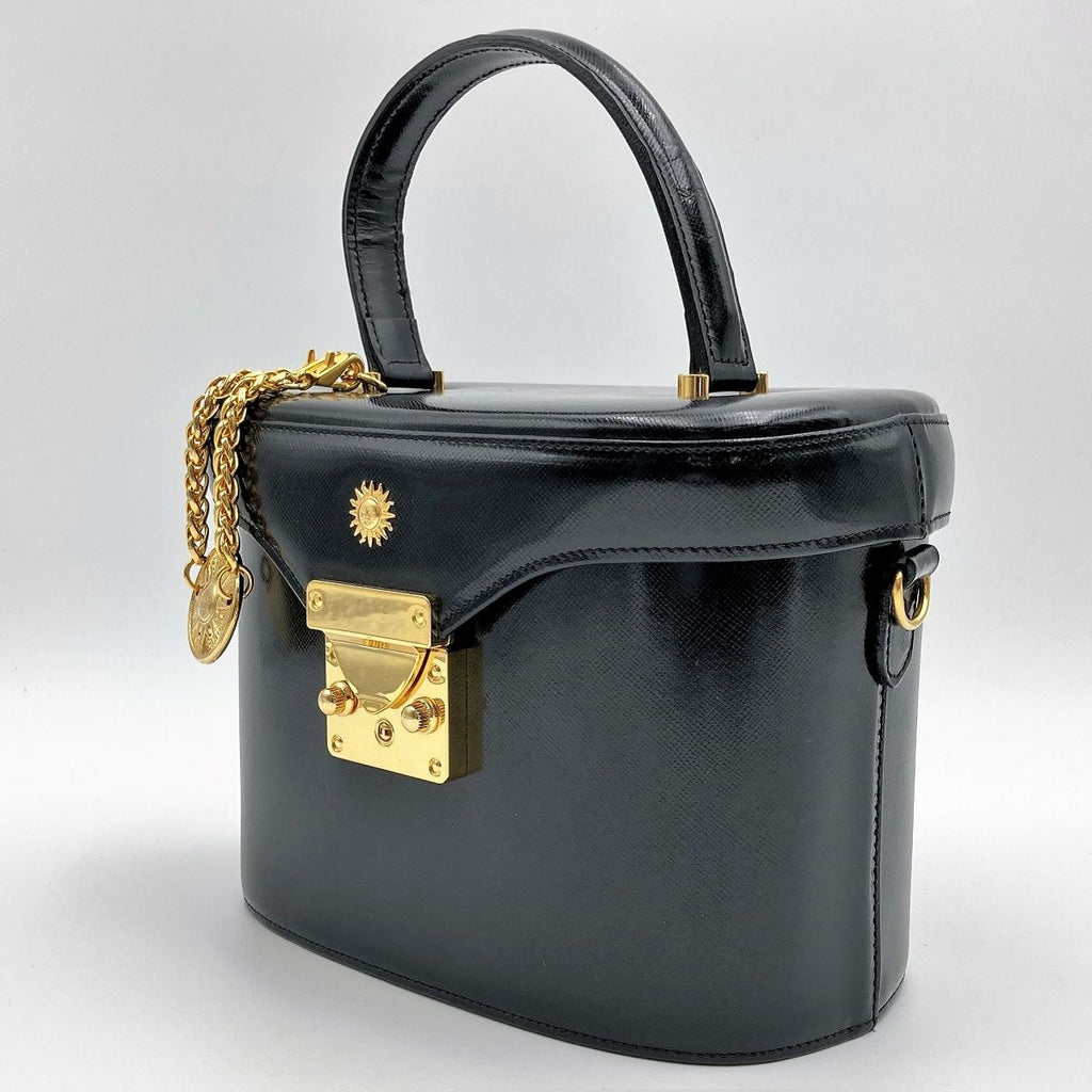 Beautiful VERSACE Vanity Bag, Makeup Case, Cosmetics, Black Leather with Gold Charm, Women's Fashion Accessory PRE-OWNED