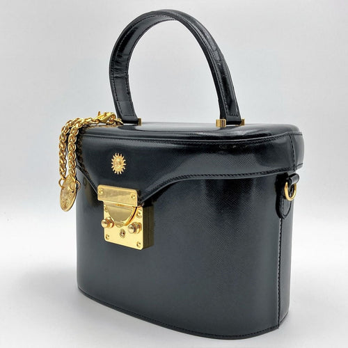 Beautiful VERSACE Vanity Bag, Makeup Case, Cosmetics, Black Leather with Gold Charm, Women's Fashion Accessory