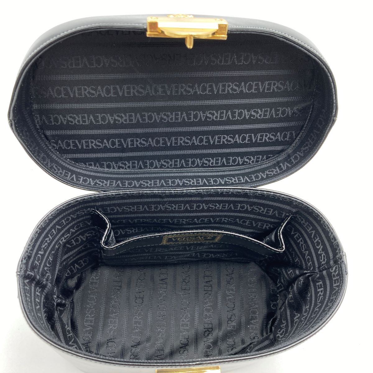 Beautiful VERSACE Vanity Bag, Makeup Case, Cosmetics, Black Leather with Gold Charm, Women's Fashion Accessory
