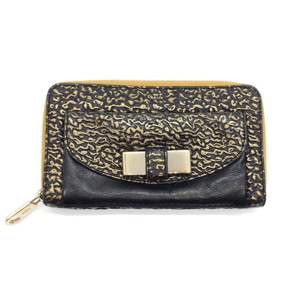 Chloe Lily Long Wallet Round Zipper Ribbon Leather Black x Gold