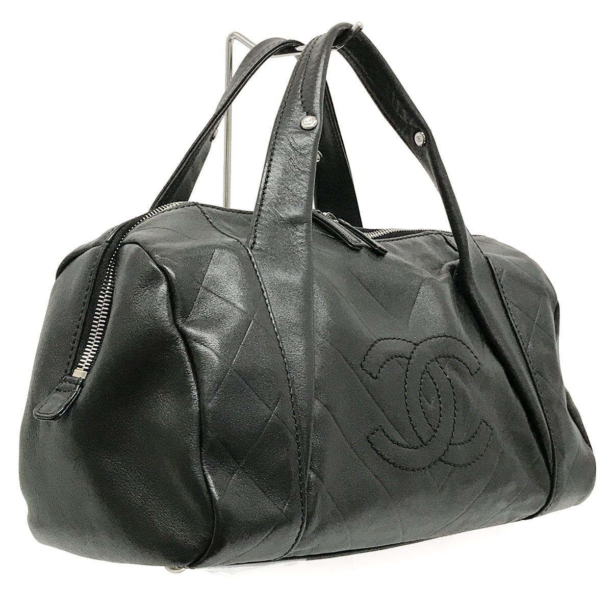 Used Chanel Mini Boston Handbag with Chevron and Coco Mark in Black Leather