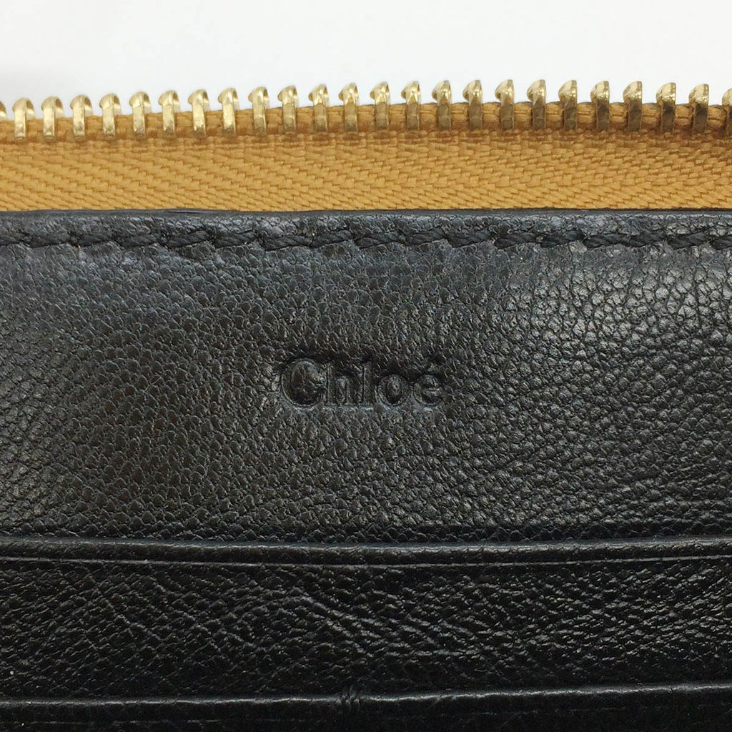 Chloe Lily Long Wallet Round Zipper Ribbon Leather Black x Gold