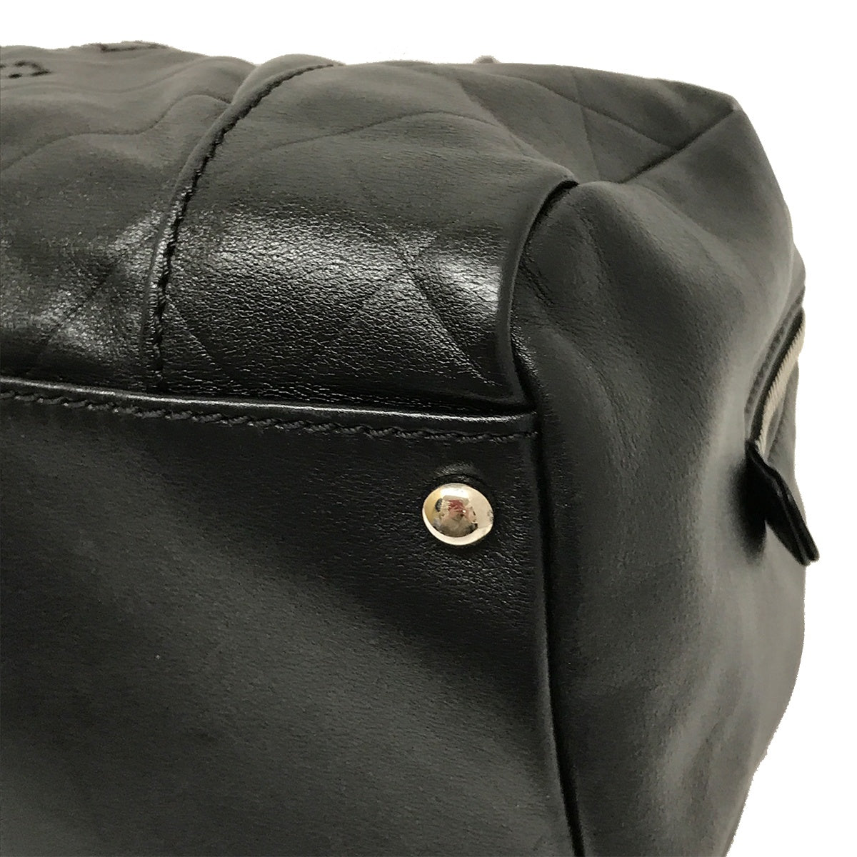 Used Chanel Mini Boston Handbag with Chevron and Coco Mark in Black Leather