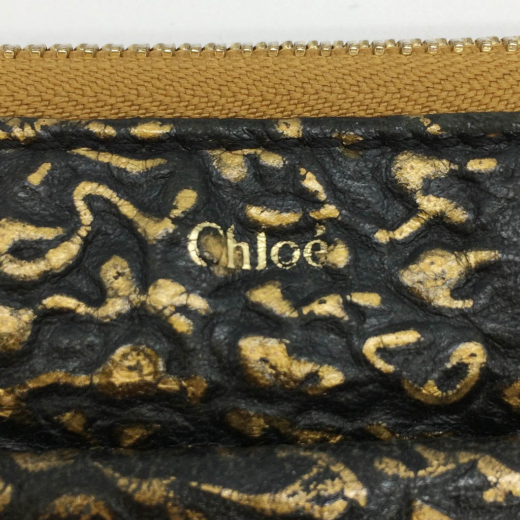 Chloe Lily Long Wallet Round Zipper Ribbon Leather Black x Gold