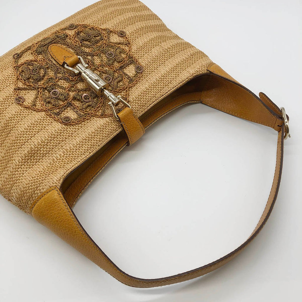 Gucci 140040 New Jackie One-Shoulder Bag, Embroidered Straw Leather, Yellow, Beige, Orange