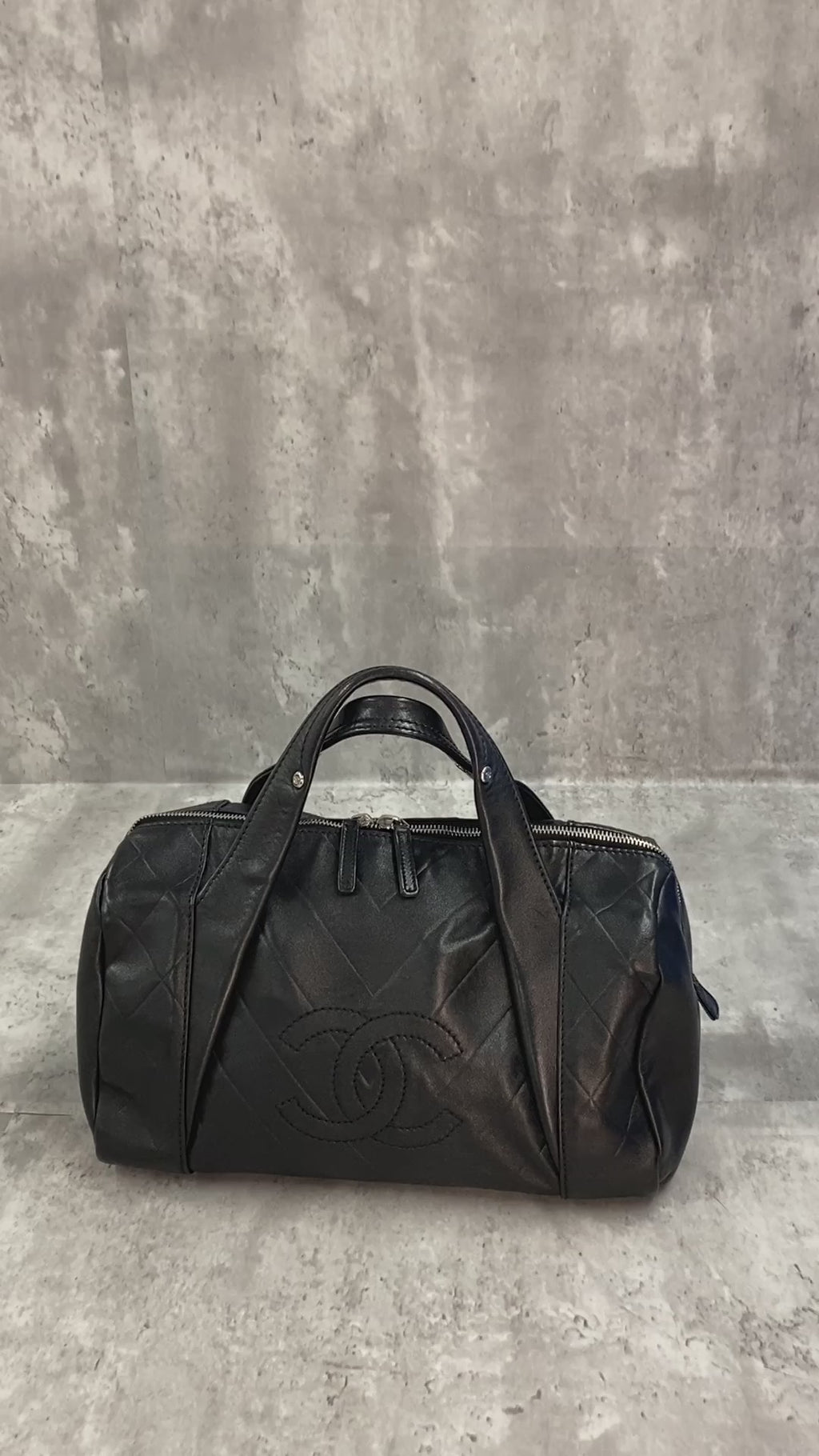 [CLEARANCE]Used Chanel Mini Boston Handbag with Chevron and Coco Mark in Black Leather PRE-OWNED